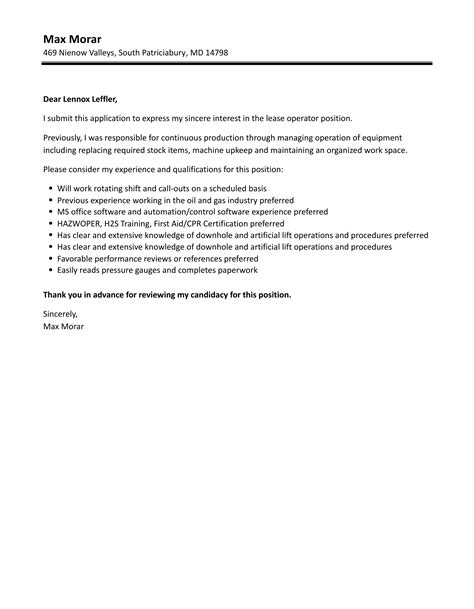 Lease Operator Cover Letter Velvet Jobs