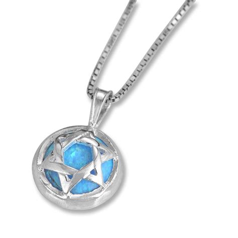 Silver Star Of David Necklace Opal Dome Jewish Israeli Jewelry