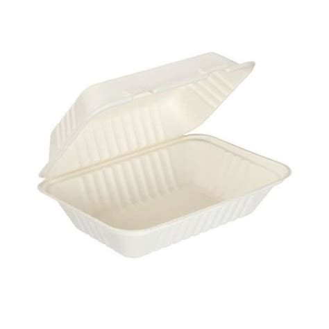 Bagasse Clamshell Meal Box Large 9x6 Inch White Pack Of 250 D06003