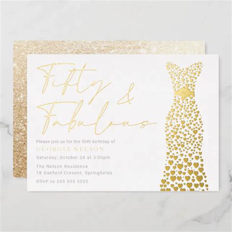 Gold Foil Dress Fifty And Fab 50th Birthday Party Foil Invitation Zazzle