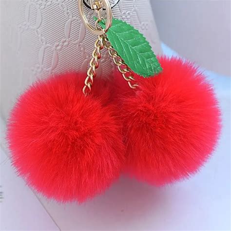 Fashion New Cute Fluffy Faux Rabbit Fur Ball Pompom Keychain Cherry