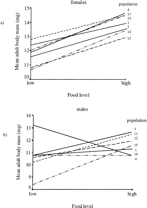 Reaction Norms Of Adult Body Masses Mg In Two Food Levels Each Line