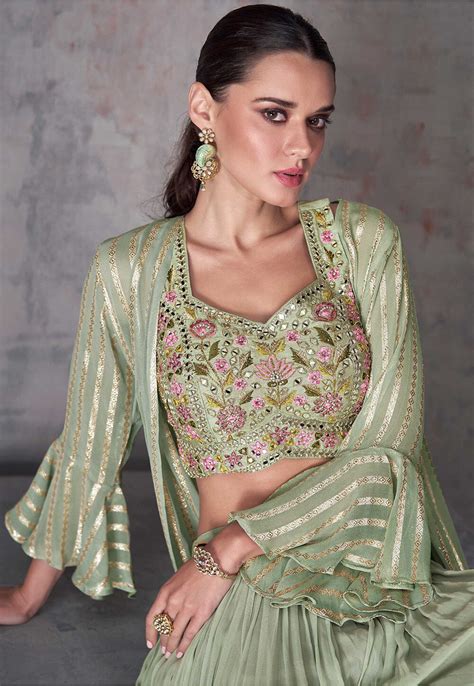 Buy Embroidered Art Silk Jacquard Crop Top Set In Dusty Green Online Tch348 Utsav Fashion