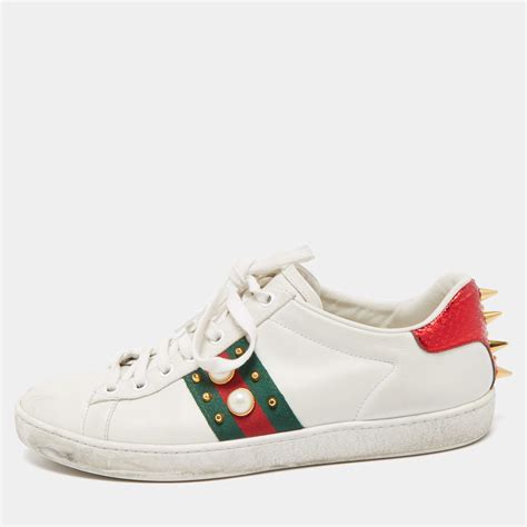 Gucci White Leather Faux Pearl Embellished Ace Sneakers Size 37 5 Gucci