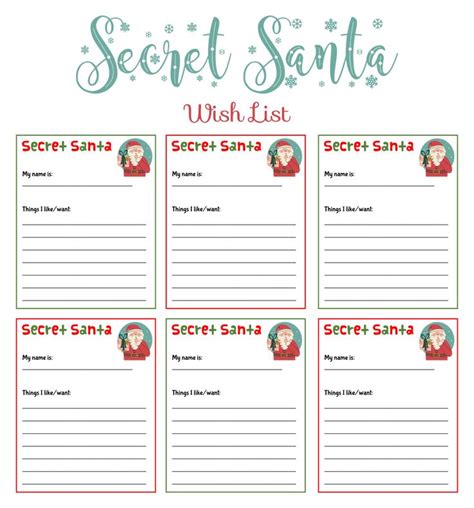 The Secret Santa Wish List Is Shown In Red And Green With Snowflakes On It