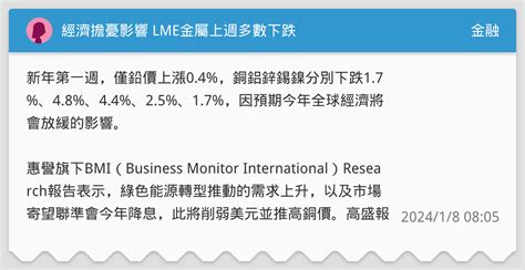 經濟擔憂影響 Lme金屬上週多數下跌 金融板 Dcard
