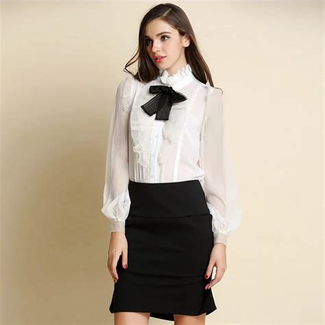 Lady Bow Silk Blouse White Formal Shirts Full Length Stand Collar Women