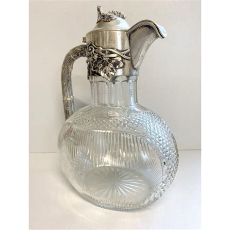 Antica Caraffa Brocca Art Nouveau Cristallo Molato Montatura Argento