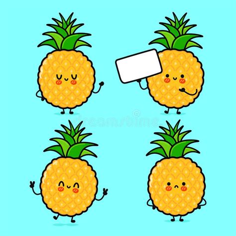 Funny Cute Happy Pineapple Characters Bundle Set Vector Hand Drawn Doodle Style Cartoon