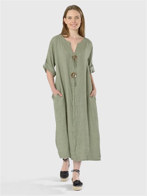 Vestido Lino 2 Botones Italiano Verde Militar Bou S Store