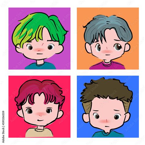 Set Of Cute Anime Boy Face Free Style Color Fashion Stock Vector