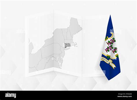 A Grayscale Map Of Connecticut With A Hanging Connecticut Flag On One Side Vector Map For Many