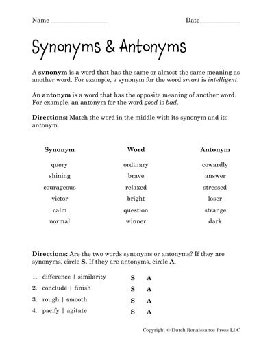 Printable Rd Grade Synonyms And Antonym Worksheets Education