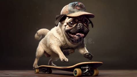 A Funny Dog Pug with a Hat Riding a Skateboard Stock Illustration ...