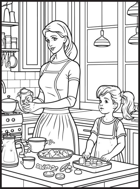 Mother Son Kitchen Coloring Page 23175395 Vector Art At Vecteezy