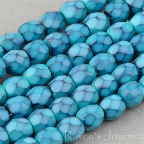 Round Faceted 3mm Turquoise Opaque With Jet Honeycomb Raven S