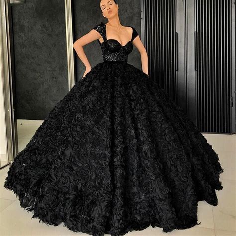 Black Ball Gown Prom Dresses 2021 3d Rose Flowers Sequins Lace Top