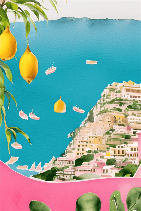 Watercolor Pink Aqua Illustration of Amalfi Coast in Italy · Creative ...