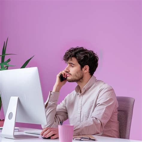 Premium Photo Man Sitting At Desk Talking On Cell Phone