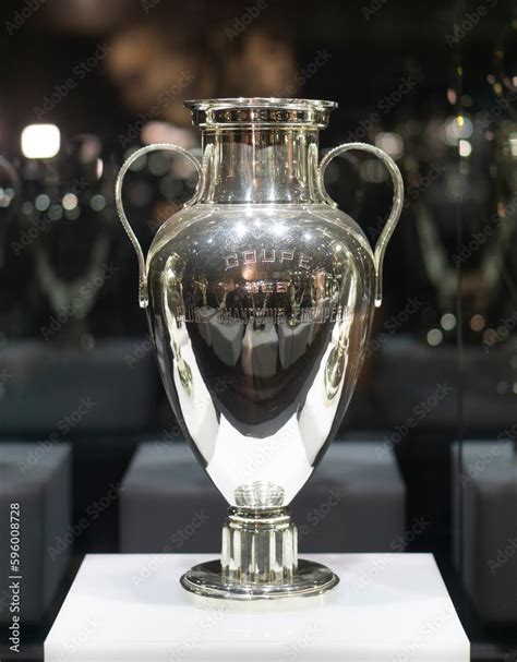 Closeup to na old UEFA european champions cup trophy inside santiago ...