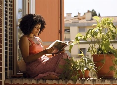 premium photo girl reading book  patio  sunny climate