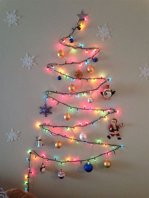 Christmas Tree On Wall Using Thumb Tacks And One Strand Of Lights Wall Christmas Tree