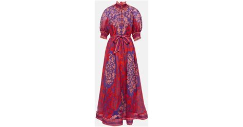 Zimmermann Raie High Neck Puff Sleeve Ramie Maxi Dres In Red Lyst