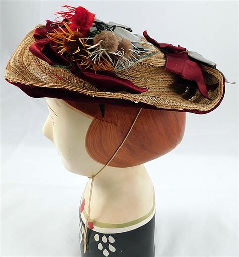 Victorian Womens Natural Straw Pork Pie Wide Brim Bonnet Hat Ribbon