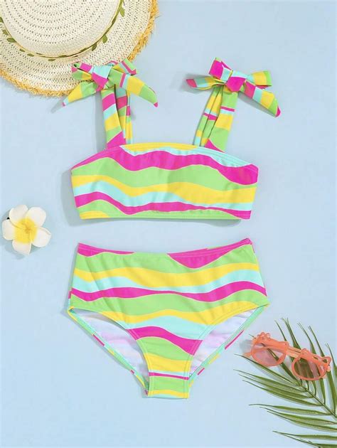 Girls Colorblock Tie Shoulder Bikini Swimsuit Shein Usa