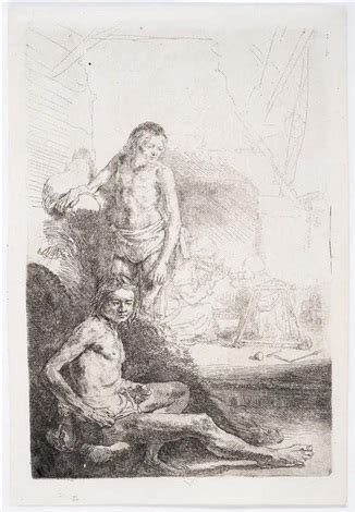 Nude Man Seated And Another Standing With A Woman And Baby Lightly