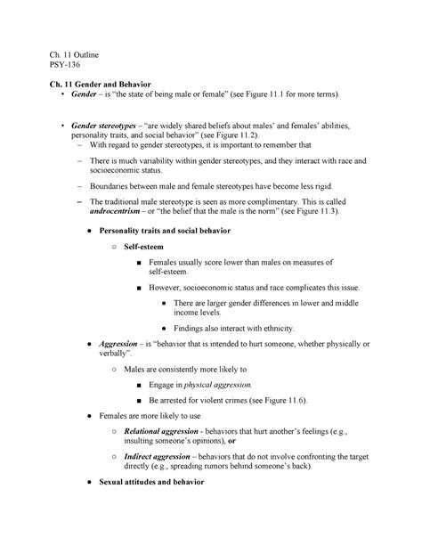 Psy Class Notes Ch 11 Test 3 Chapter 11 Gender And Behavior Ch