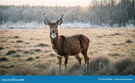 A Young Deer With Beautiful Horns Standing In The Grass In The Early