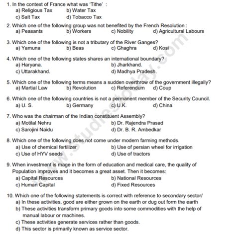 Cbse Class 9 Social Science Practice Question Paper Set J