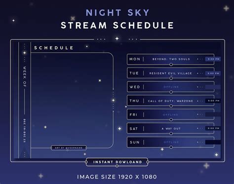 Night Sky Twitch Stream Schedule Weekly Template Psd Canva Etsy