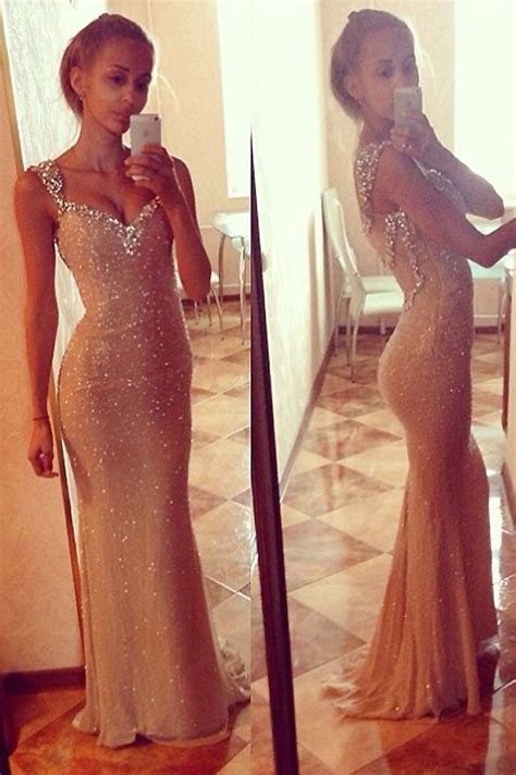 Sexy Open Back Long Prom Dresses V Neck Chiffon Sequins Party Gowns On