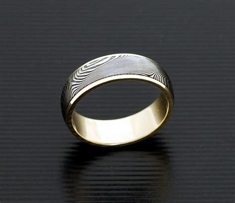 Genuine Stainless Damascus Steel And 18k Yellow Gold Mens Ring Etsy