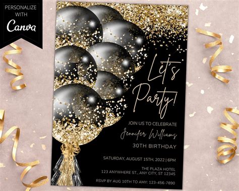 Simple Birthday Invitation Template Black And Gold Birthday Etsy Artofit