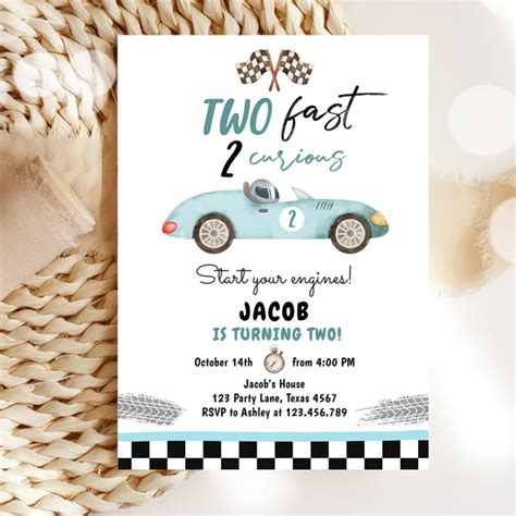 Two Fast 2 Curious Party Race Car 2nd Birthday Invitation Zazzle