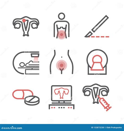 Uterine Cancer Symptoms Causes Treatment Line Icons Set Vector