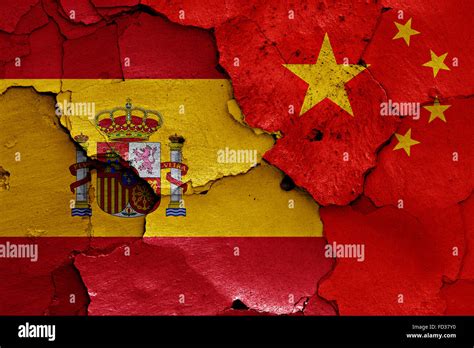 Flags Of Spain And China Painted On Cracked Wall Stock Photo Alamy