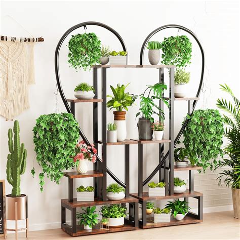 Unho Tier Indoor Plant Stand Tall Wood And Metal Plant Shelf Storage