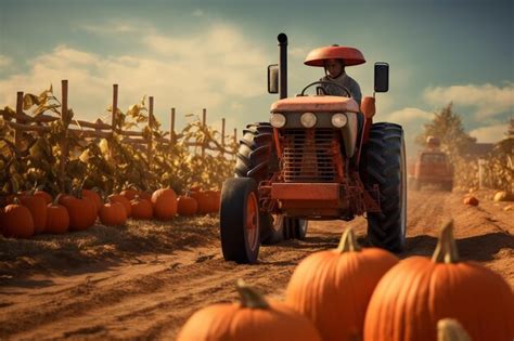 Premium AI Image | Pumpkin patch farmer using a vintage tractor to tr ...