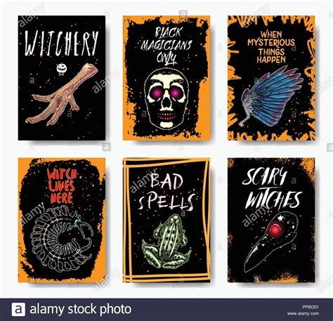 Halloween Hand Drawn Invitation Flyers Or Greeting Cards Set Set Of