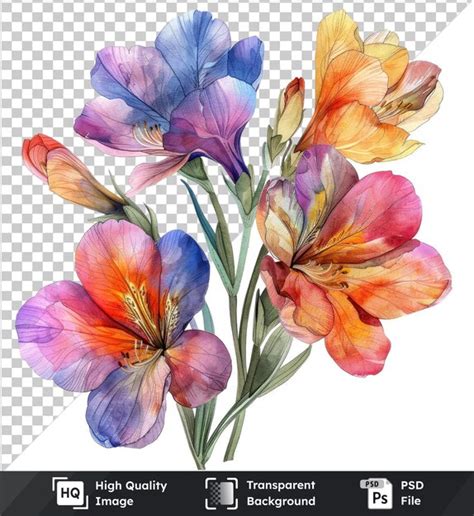 Premium PSD Transparent Watercolor Freesia Flowers And Leaves Clipart