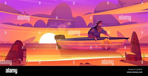 Shipwrecked Sad Man Sit In Wooden Boat At Sunset Scenery Landscape