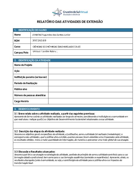 Relat Rio De Entrega De Atividades Extensionistas Relat Rio Das