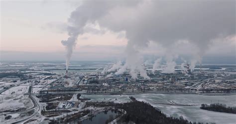 Aerial Winter View On Smoked Pipes Of Chemical Enterprise Plant Air Pollution Concept