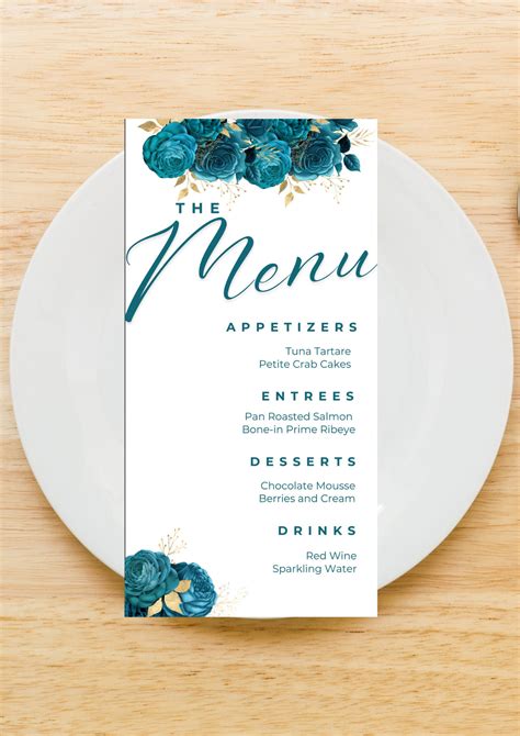 Editable Menu Card Template Teal And Gold Menu Card Floral Etsy Canada