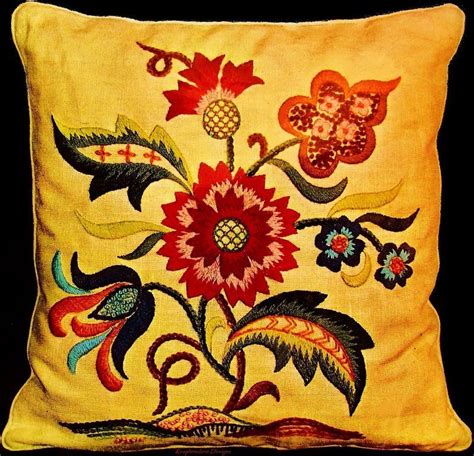 Vintage Crewel Paragon Jacobean Gold Fleurette Linen Pillow