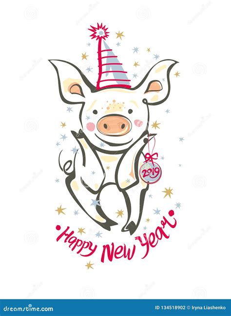 Postcard with Funny Pig in a Holiday Cap and 2019 Happy New Year. Stock ...